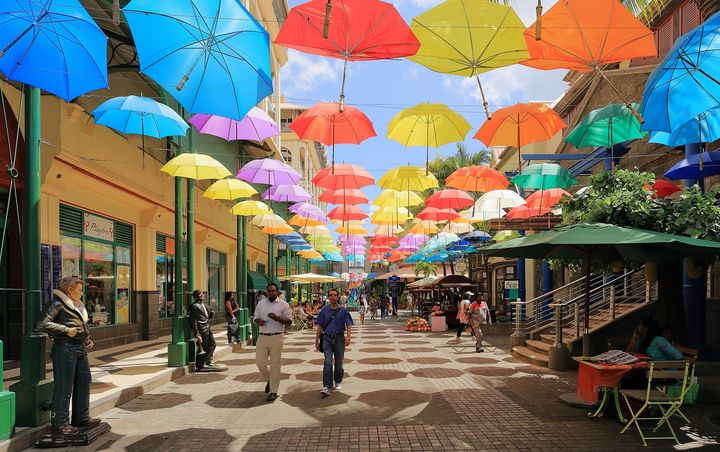 Umbrellas above Caudan Waterfront, Port Louis