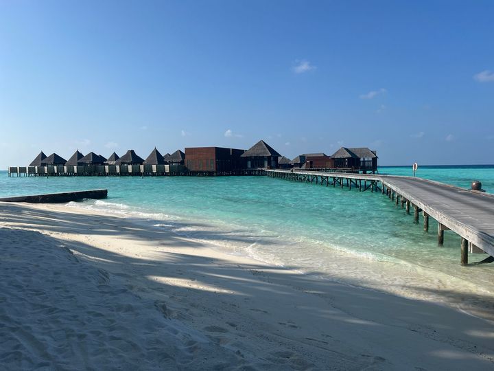 Overwater villas at sunset, Maldives
